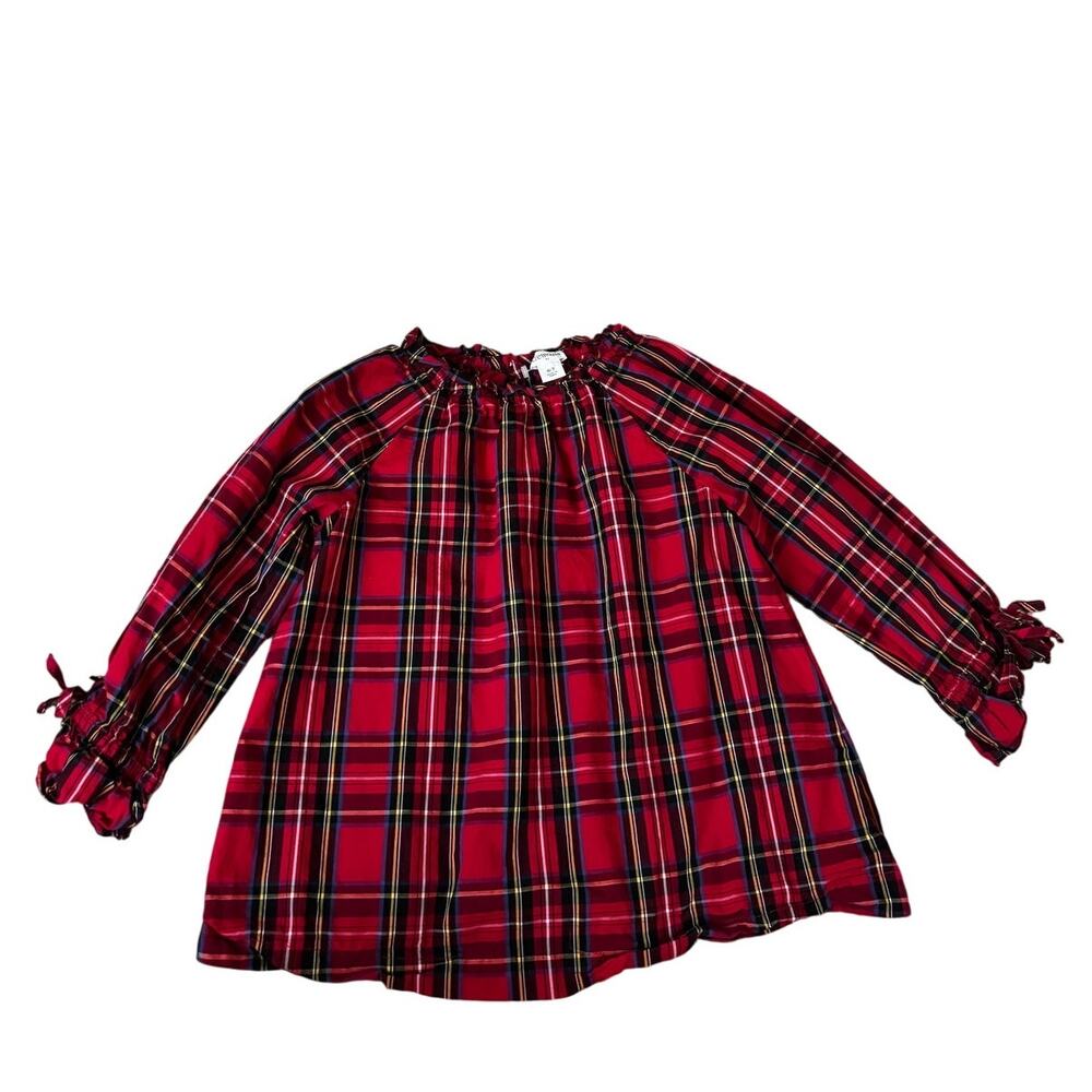 Crewcuts (J. Crew) | Cotton Red Tartan Ruffle Neck Tie-Sleeve Top | Size 6-7